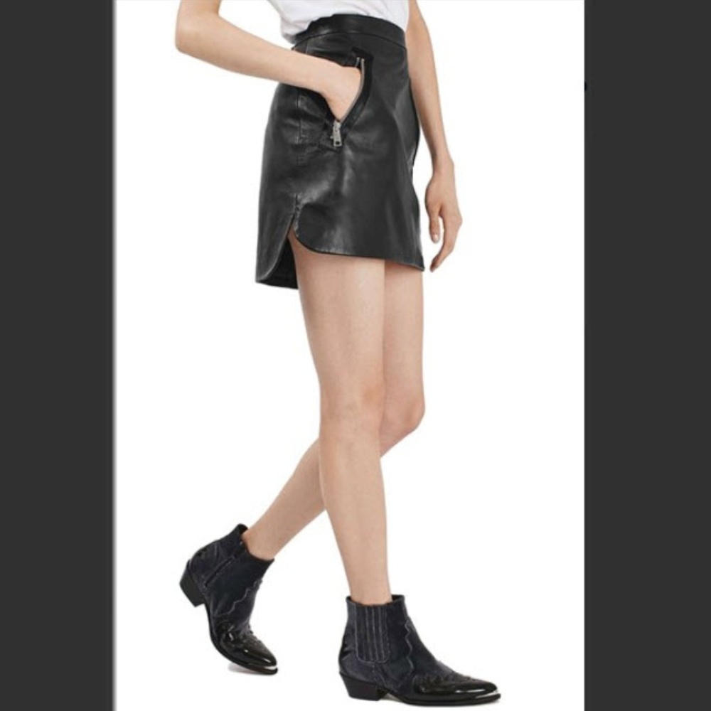 Topshop Genuine Leather Zip Patch Mini Skirt
